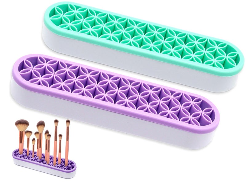 GDFYMI Silicone Makeup Brush Holder, 2Pcs Stand Pen Brush Organizers Drying Rack Travel Storage Box Multi-Purpose Desktop Organizer for Painting Eyeliners Makeup Brushes Pens - Green Purple - Image 1